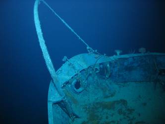 Looking down on bow. Note davit turned outboard